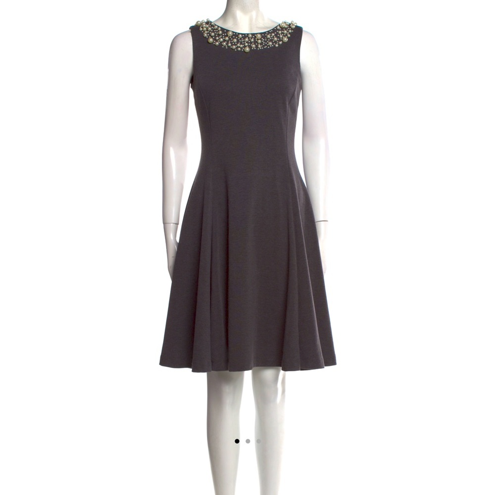 Saks Fifth Avenue Sz 10 Grey A-line Dress Pearl Bead Accent Neckline Sleeveless